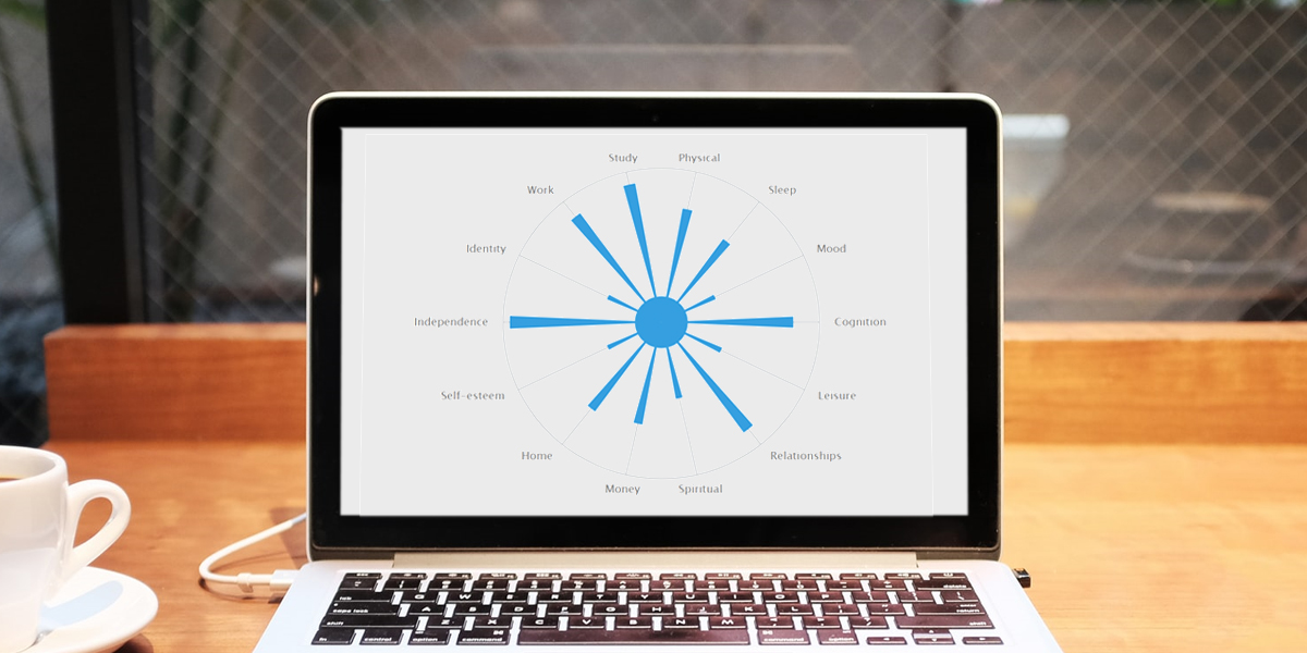 A macbook is sitting on a light wooden table at what looks like a coffeeshop, facing towards the window. The chart from the Quality of Life Tool is on the screen: a light blue circle with arms extending out as bar graphs of each quality-of-life area. 