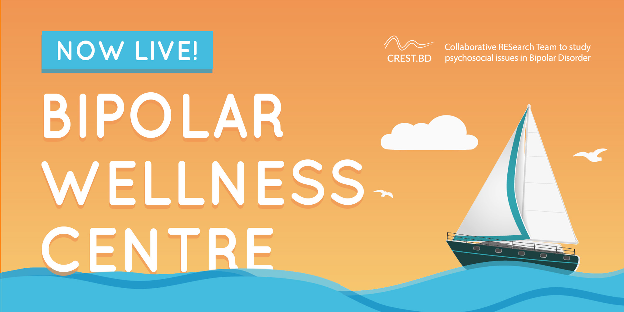 'NOW LIVE! BIPOLAR WELLNESS CENTRE' is written in huge rounded letters over the banner from the Bipolar Wellness Centre website, which is in a stylized simple graphic style. A sailboat is shown on top of a lightblue wavy ocean, and the sky is orange. There is a single fluffy blue cloud and two seagulls.