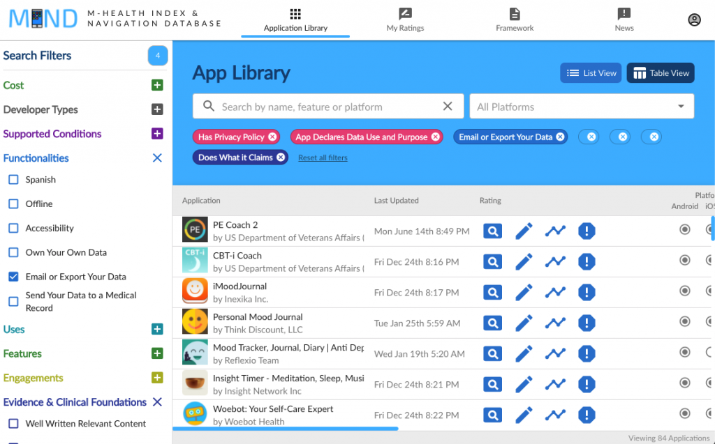 A screenshot of the digital psychiatry app database. Filtering options are viewable in a menu on the left-hand aside, and a list of apps are on the right, taking up most of the page. 