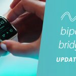 A picture of a Caucasian person's arm. They are adjusting a smart watch on their arm with their other hand. To the side, against a teal background, it says: Bipolar Bridges Update #6