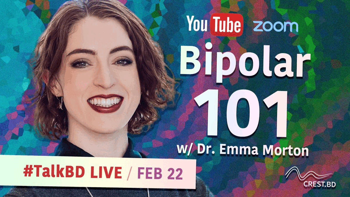 A picture of Dr. Emma Morton against a pixelated, dark rainbow-coloured background. She is Caucasian with a curly red bob and is smiling. The text says 'Bipolar 101.' 