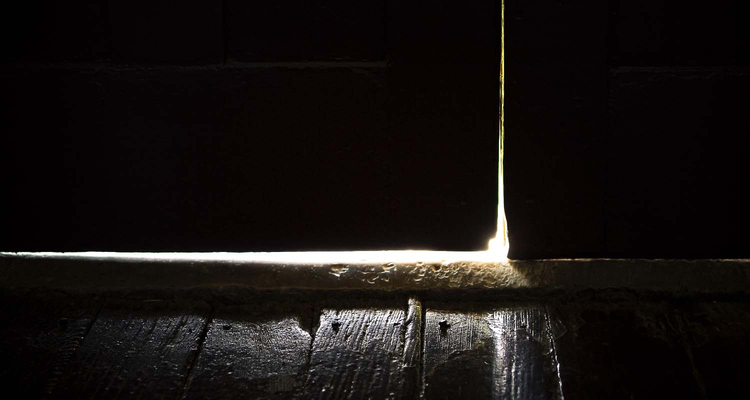 An old door, possibly a barn door. It's viewed from the inside and the door is close. It's dark, but sunlight is peeking through the crack between the door and the doorframe, partially illuminating the interior. We can see from this that the floor is old and wooden.