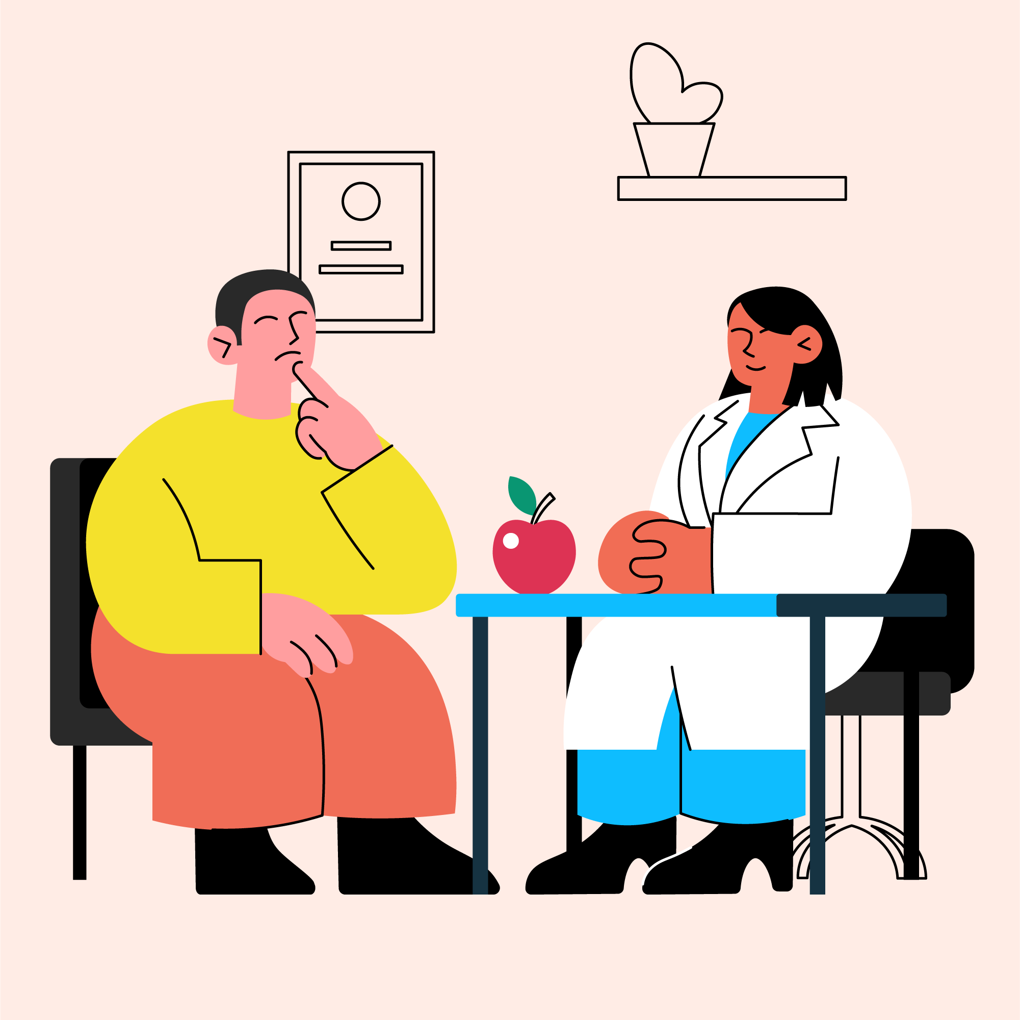 Salmon background. Two people are sitting in a doctors office. On the left, a person with short black hair, wearing red pants and a yellow top, is sitting in a black chair. On the right, a person in a white doctors coat and blue scrubs is sitting in a black chair with their hands crossed on a black and blue table. 
